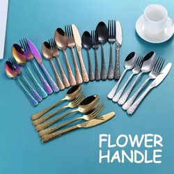 Premium Stainless Steel Cutlery Set - Exquisite Carving, Golden Handles - Knife, Fork, Spoon - Silverware Set