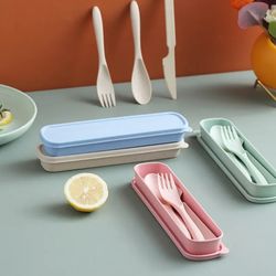 eco-friendly 3pcs dinnerware set: knife, fork, spoon - portable travel cutlery with utensil box & chopsticks