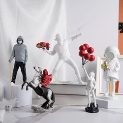 Resin Banksy Figurines: Flower Thrower, Bomber Sculpture - Home Decor Art Collection Objects for Interior Desktop Displa