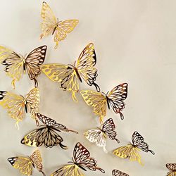 12Pcs/lot New 3D Hollow Butterfly Wall Stickers - Golden & Silver | Home Decor, Party, Wedding, Shop Display