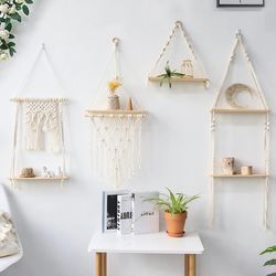 boho macrame wall hanging shelf: wood decor for bedroom, living room, nursery - christmas gift idea
