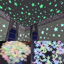 Luminous Wall Stickers: 3D Star & Moon Decor for Kids' Room - Fluorescent Glow, Home Decorations