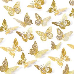 48pcs 3D Butterfly Wall Decor: 4 Styles, 3 Sizes - Gold Butterfly Decorations for Birthday Party, Cake, Room