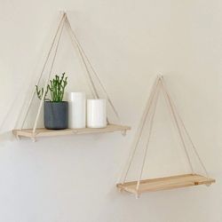 Wooden Rope Swing Wall Hanging Plant Flower Pot Tray | Mounted Floating Wall Shelves for Nordic Home Decoration - Modern