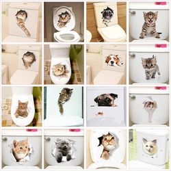 Vivid 3D Cat Dog Toilet Stickers | DIY Funny Cartoon Animal WC Mural Art - Lovely Home Decoration with Kitten, Puppy Saf