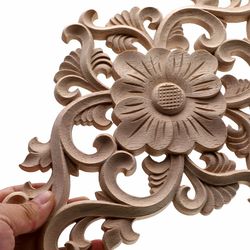 Natural Floral Wood Carved Figurines Crafts for Wall, Door, Furniture - Decorative Woodcarving Appliques