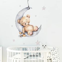 Adorable Cartoon Teddy Bear Sleeping on Moon & Stars Wall Stickers: Perfect Baby Room Decor