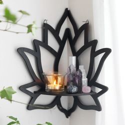 Lotus Crystal Corner Shelf Black Wooden Wall Shelves Essential Oil Shelf Witchy Decor Spiritual Aesthetic