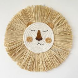 Nordic Handmade Lion Wall Decor: Cotton Thread Straw Woven Animal Head Ornament for Nursery & Baby Room