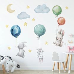Cute Flying Rabbits Wall Stickers Moon Star Cloud Decal for Kids Nursery Baby Room Decor