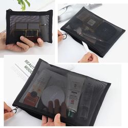 Black Transparent Mesh Travel Makeup Bag: Large Capacity Portable Organizer