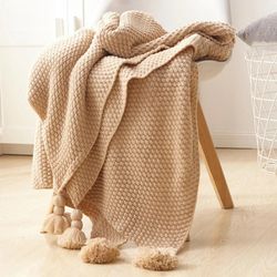 tassel knitted ball wool blanket: super warm throw for office, siesta, bedspread