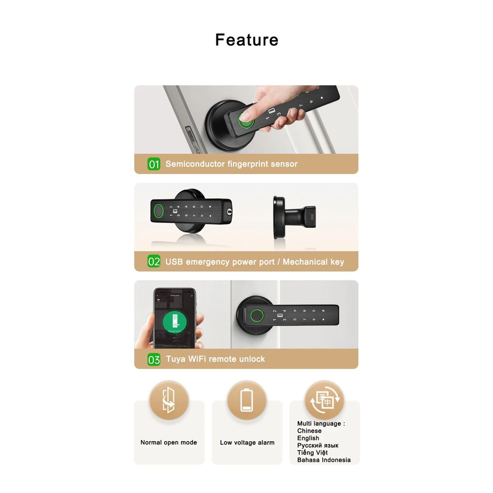 WiFi Remote Control Smart Fingerprint Lock For Indoor Wooden  Metal Doors 6