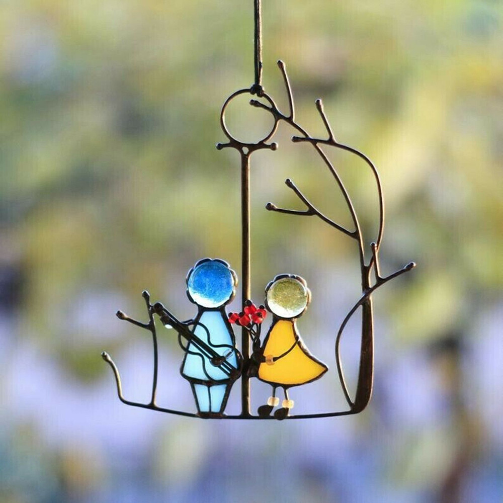 Stained Glass Angels Couple Doll Window Hangings Sun Catcher Art for Wall Door or Pendant Decor
