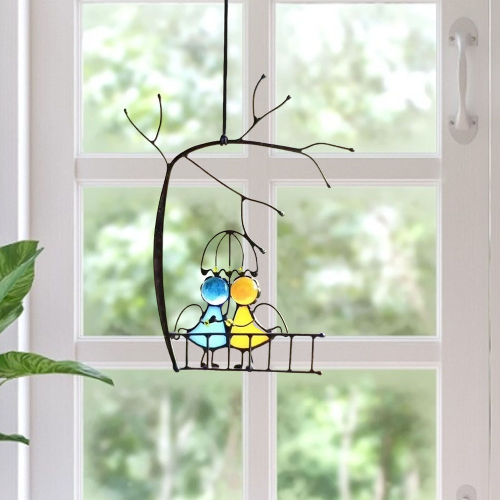 Stained Glass Angels Couple Doll Window Hangings Sun Catcher Art for Wall Door or Pendant Decor