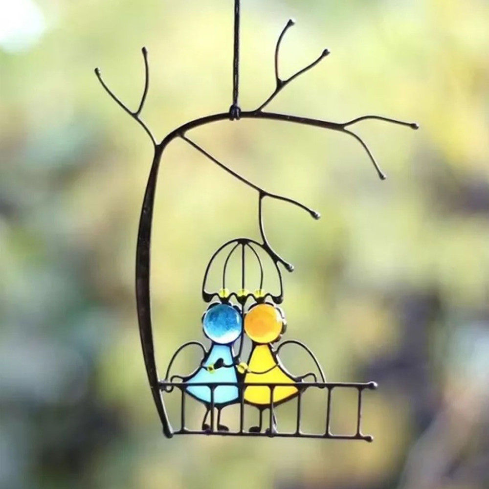 Stained Glass Angels Couple Doll Window Hangings Sun Catcher Art for Wall Door or Pendant Decor