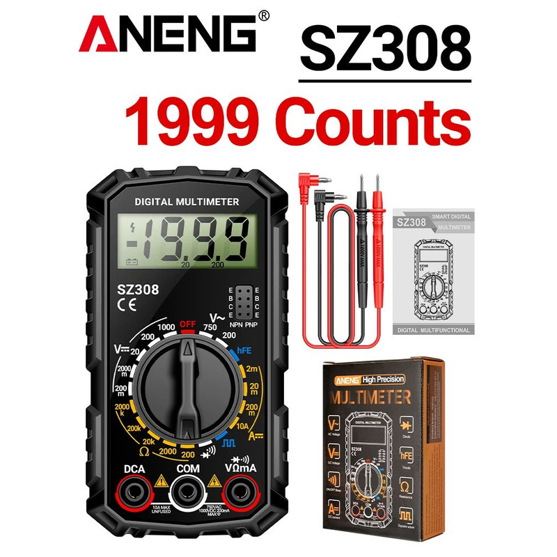 ANENG SZ308 Digital Tester 1999 Counts HFE Multimeter ACDC Voltage 10A Current Meter Tool