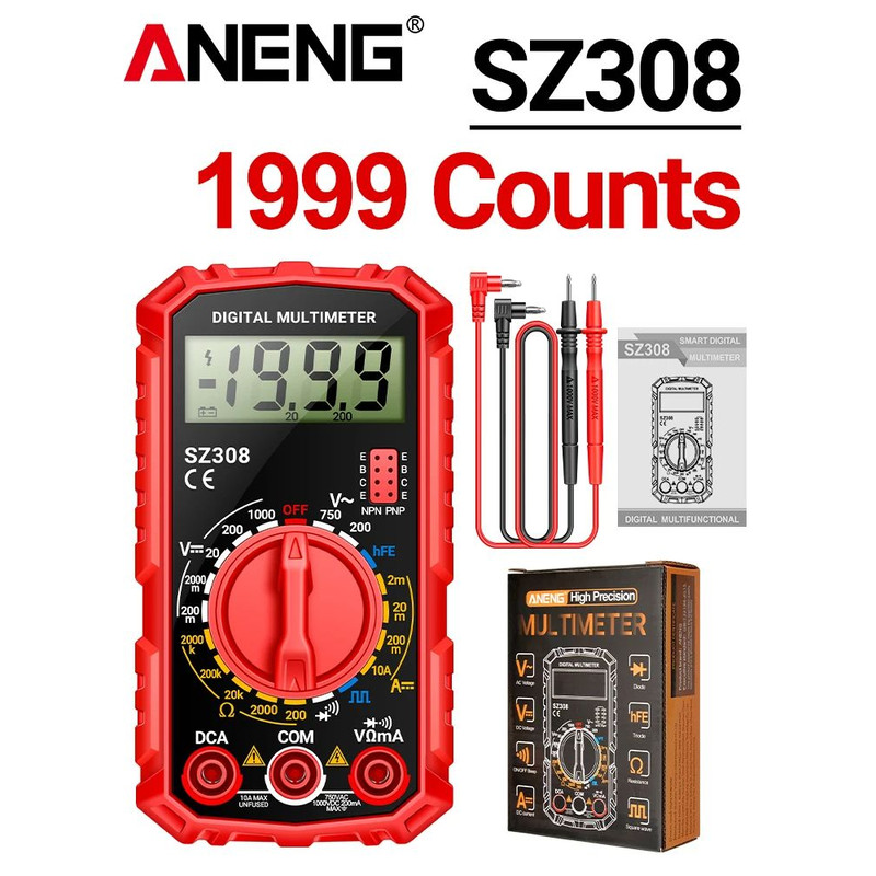 ANENG SZ308 Digital Tester 1999 Counts HFE Multimeter ACDC Voltage 10A Current Meter Tool