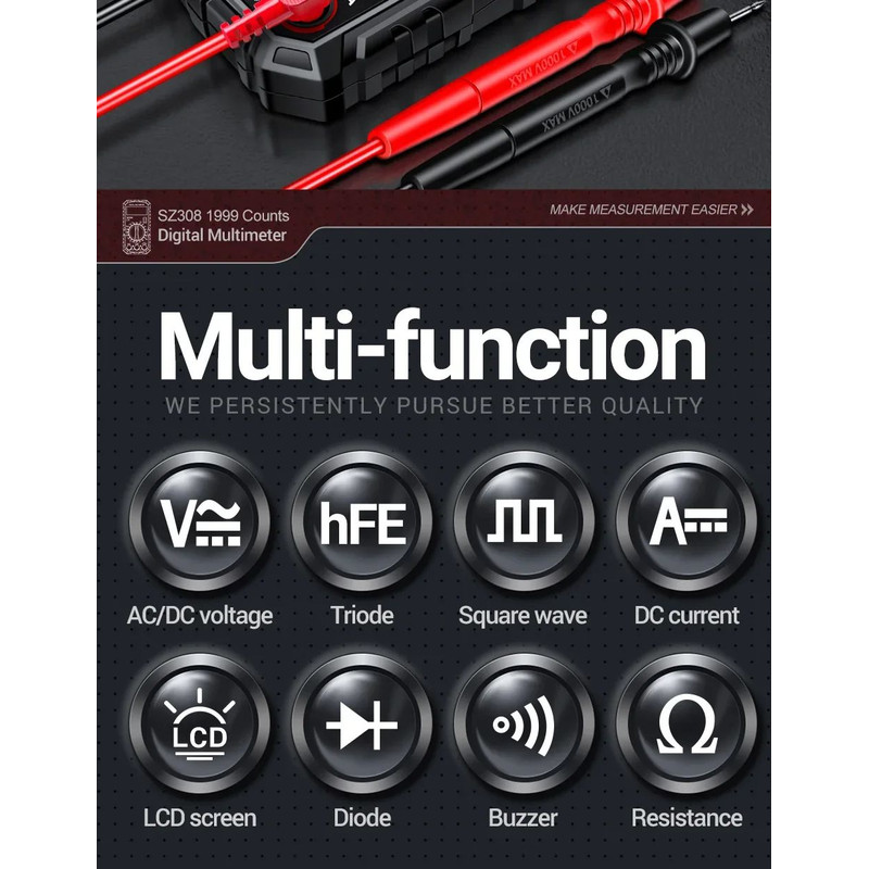 ANENG SZ308 Digital Tester 1999 Counts HFE Multimeter ACDC Voltage 10A Current Meter Tool