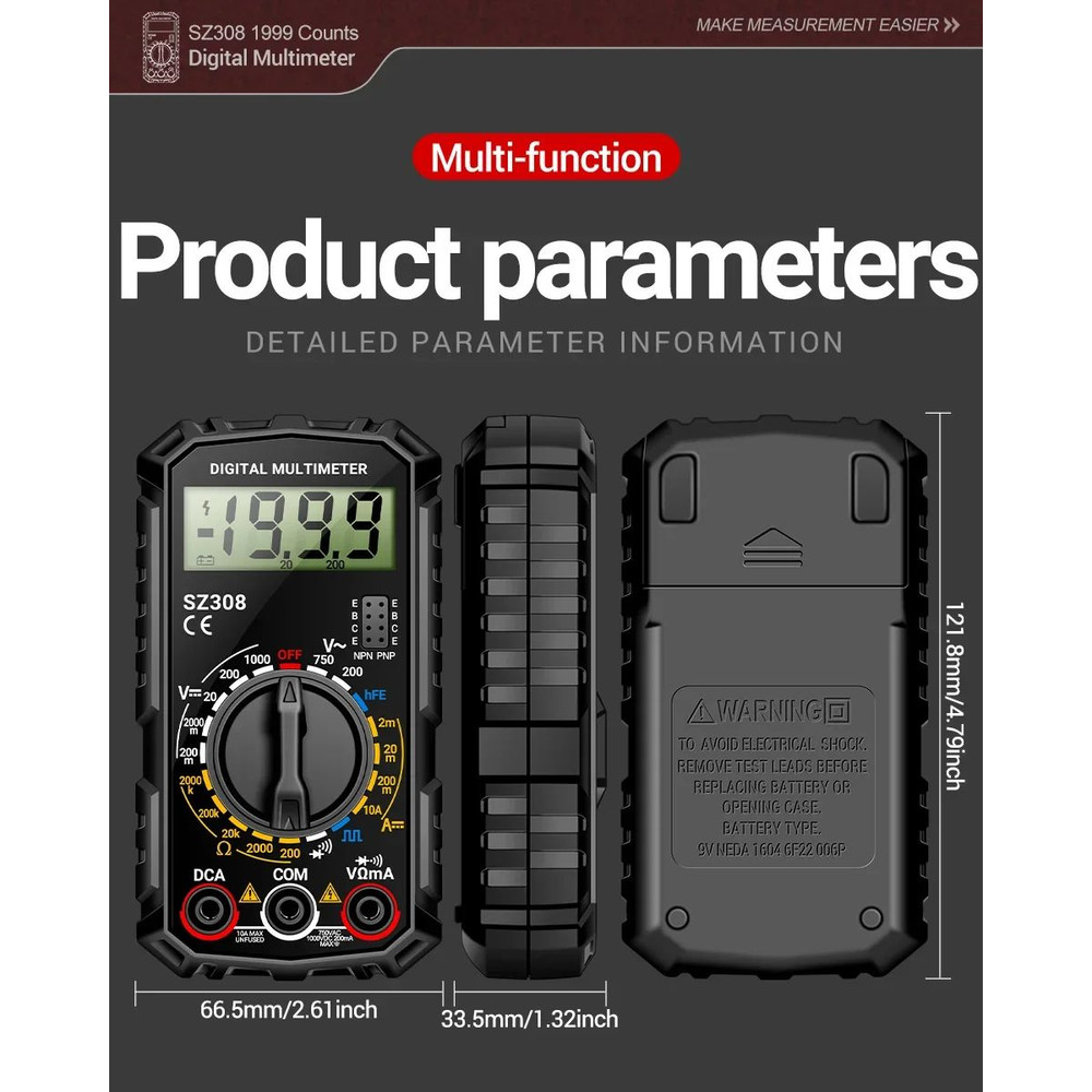 ANENG SZ308 Digital Tester 1999 Counts HFE Multimeter ACDC Voltage 10A Current Meter Tool