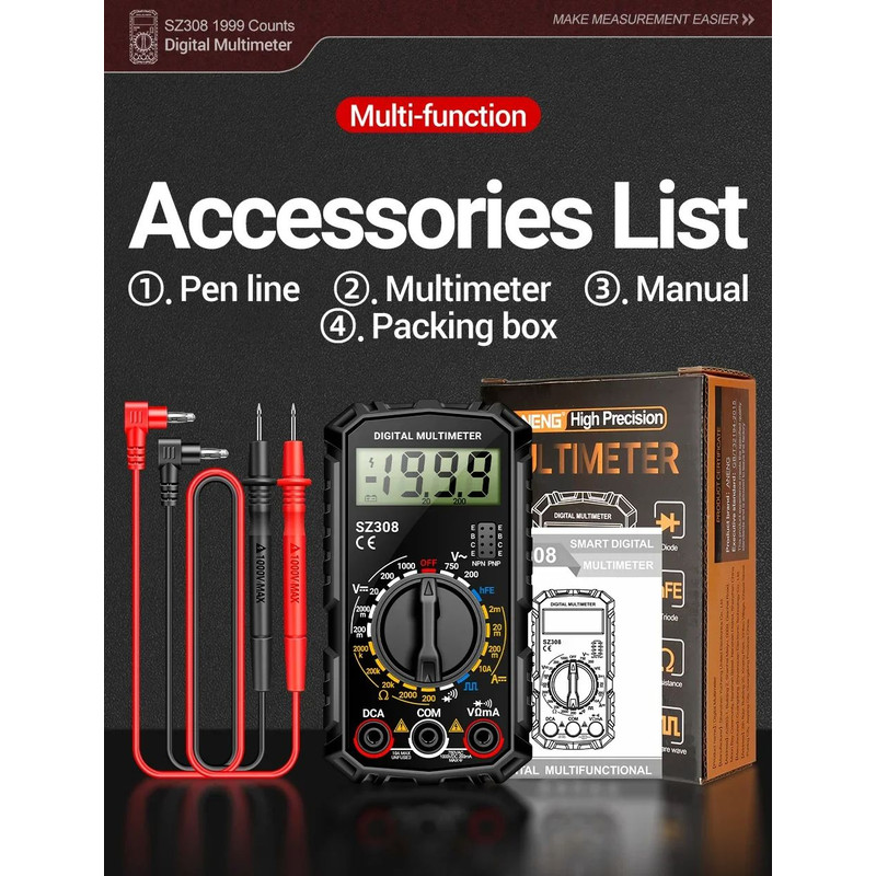 ANENG SZ308 Digital Tester 1999 Counts HFE Multimeter ACDC Voltage 10A Current Meter Tool