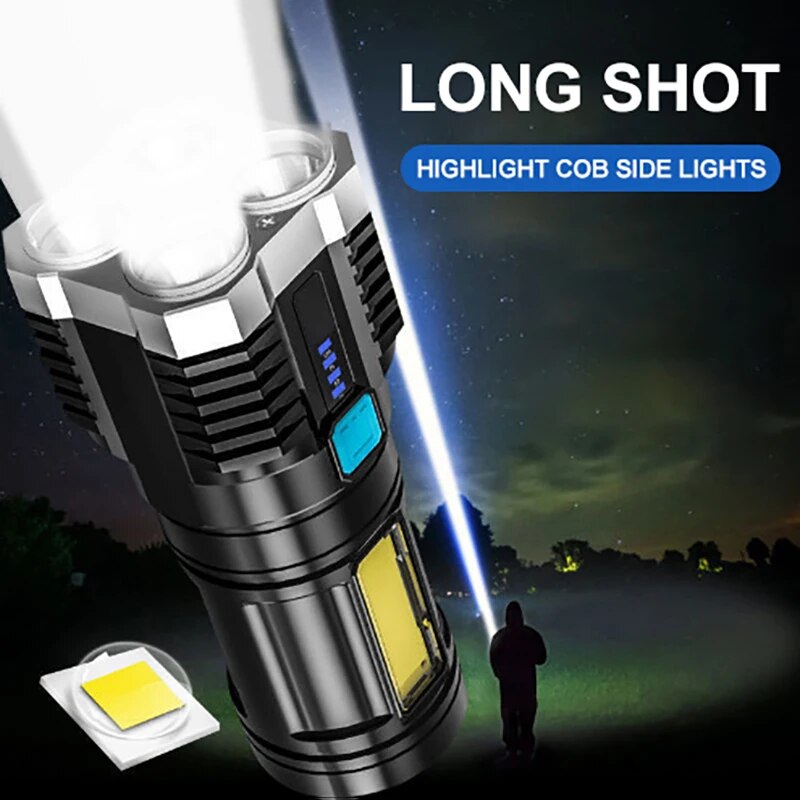 High Power LED Flashlight Rechargeable Camping Torch with 4 Lamp Beads  COB Side Light 4 Lighting M