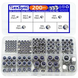 hex nylon insert self-locking nuts assortment kit – 200pcs m2-m8 locknut set (304 stainless steel)
