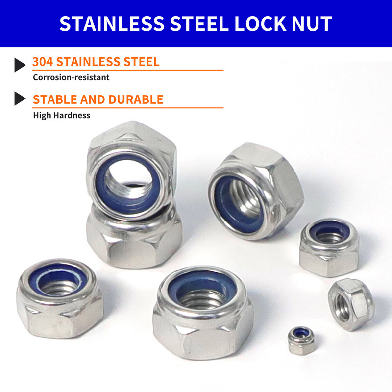 Hex Nylon Insert Self-Locking Nuts Assortment Kit – 200pcs M2-M8 Locknut Set (304 Stainless Steel)
