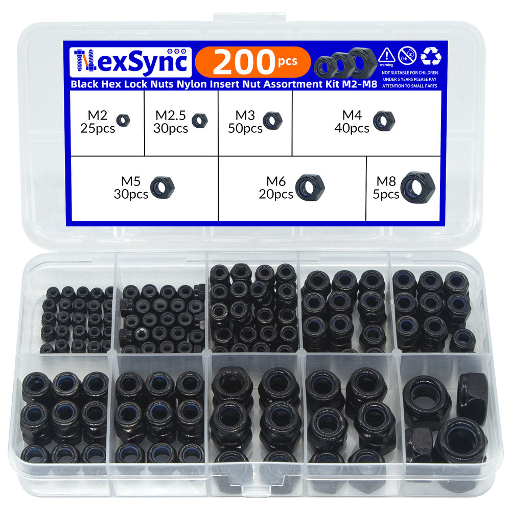 Hex Nylon Insert Self-Locking Nuts Assortment Kit – 200pcs M2-M8 Locknut Set (304 Stainless Steel)