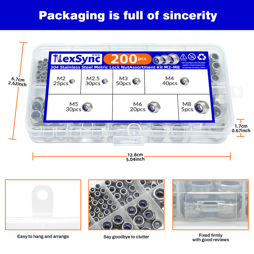 Hex Nylon Insert Self-Locking Nuts Assortment Kit – 200pcs M2-M8 Locknut Set (304 Stainless Steel)