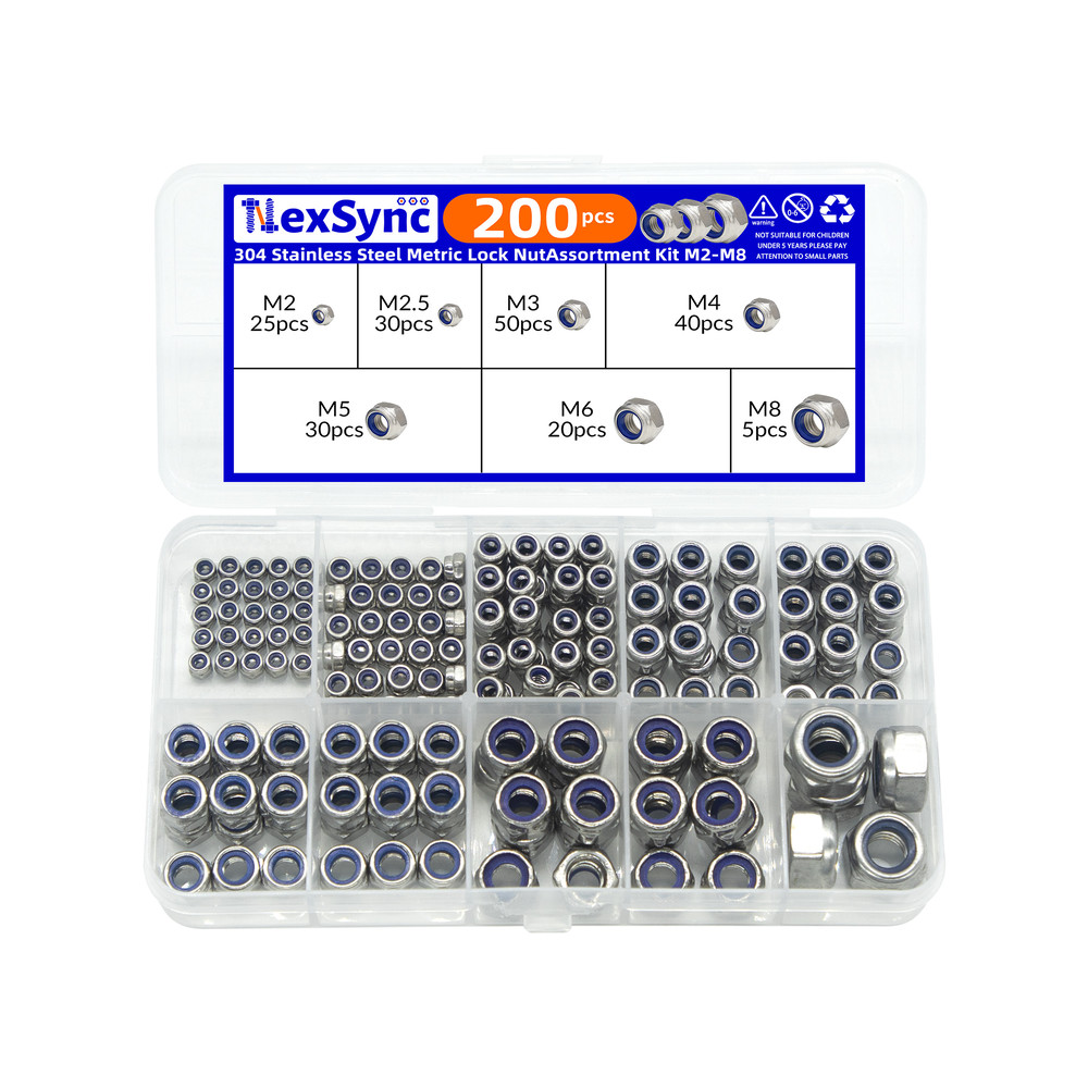 Hex Nylon Insert Self-Locking Nuts Assortment Kit – 200pcs M2-M8 Locknut Set (304 Stainless Steel)