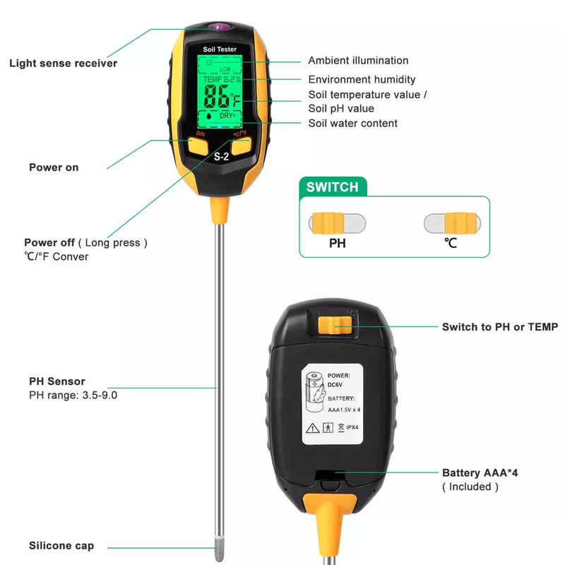 LCD Digital PH Soil Tester 5in1 Plant Lawn Moisture Temperature Test Meter For Garden Farm Potted P 6