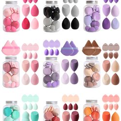 makeup sponge set with storage jar, latex-free finger puff for wet & dry foundation application