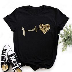leopard heartbeat short sleeve print clothing women's t-shirt, harajuku graphic casual top tee for summer