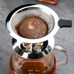 stainless steel reusable coffee filter, portable, double-layer paperless pour over dripper for easy clean brewing