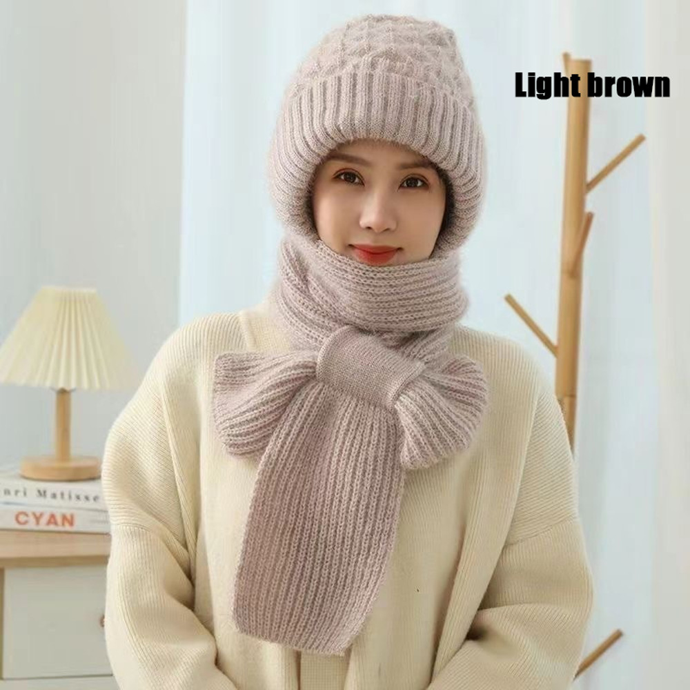 Womens Winter Knitted Hat, Scarf One Piece, Double Warm Padded Beanie, Thickened Wind Proof Snow Hat