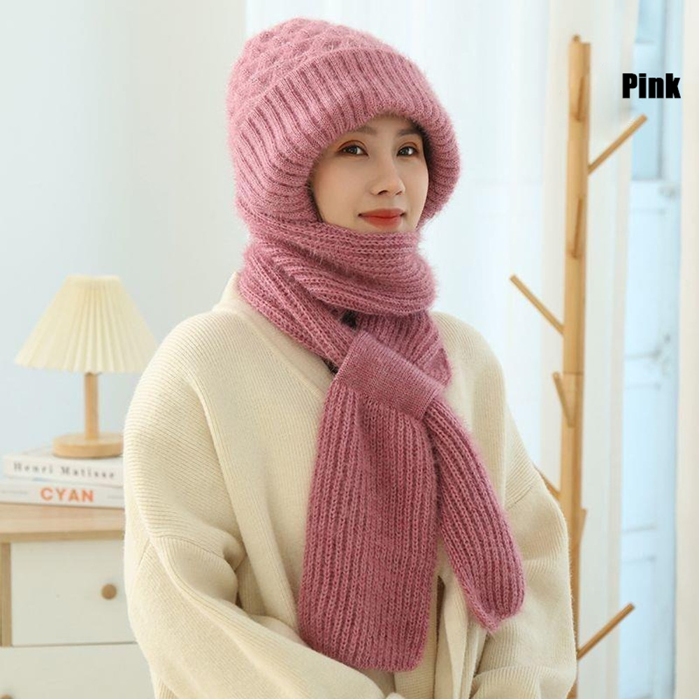 Womens Winter Knitted Hat, Scarf One Piece, Double Warm Padded Beanie, Thickened Wind Proof Snow Hat