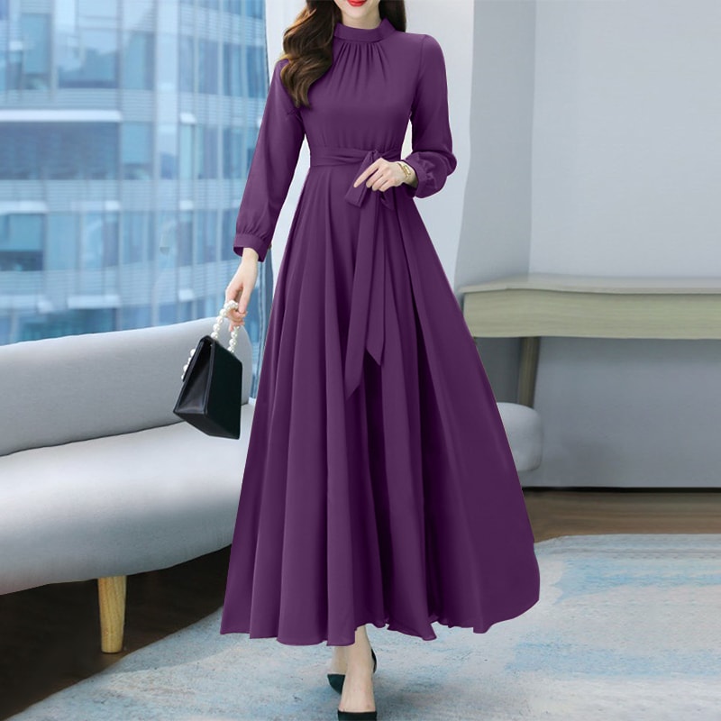 Women Long Sleeve Aline Sundress Vintage Robe Spring Long Dress Autumn Solid Party Holiday Maxi Dre