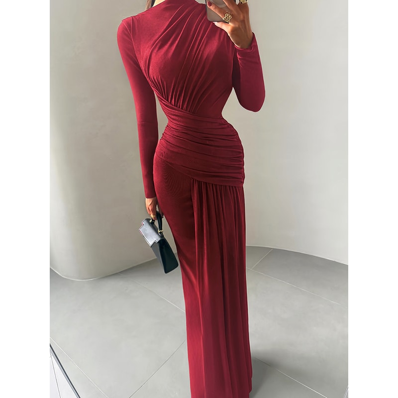 Sisterlinda Folds Maxi Dress For Women O Neck Full Sleeve Solid Banquet Elegant Vacation Autumn Ski 6