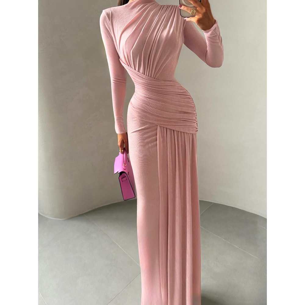 Sisterlinda Folds Maxi Dress For Women O Neck Full Sleeve Solid Banquet Elegant Vacation Autumn Ski 0