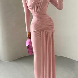sisterlinda folds maxi dress for women, o neck full sleeve, solid banquet elegant vacation autumn skinny dress