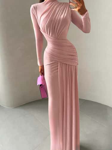 Sisterlinda Folds Maxi Dress for Women, O Neck Full Sleeve, Solid Banquet Elegant Vacation Autumn Skinny Dress