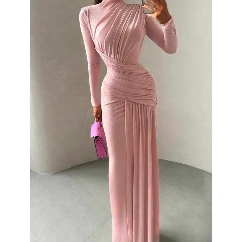 Sisterlinda Folds Maxi Dress For Women O Neck Full Sleeve Solid Banquet Elegant Vacation Autumn Ski 0