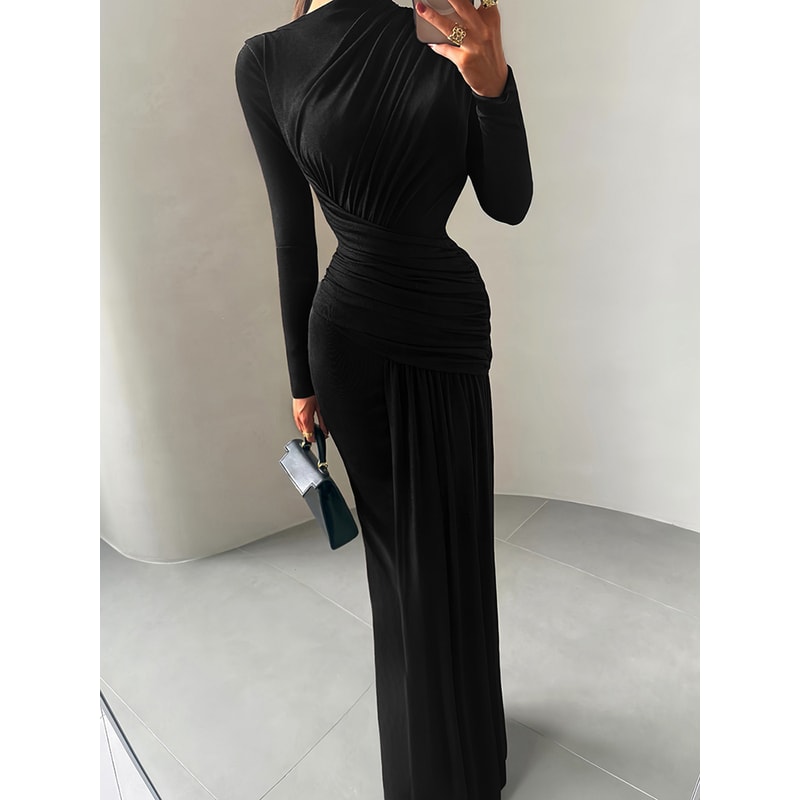 Sisterlinda Folds Maxi Dress For Women O Neck Full Sleeve Solid Banquet Elegant Vacation Autumn Ski 1