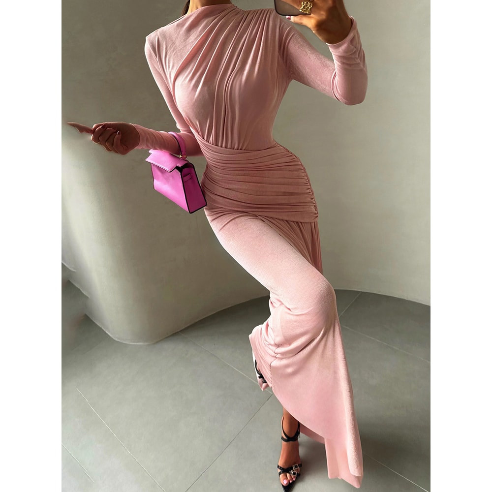 Sisterlinda Folds Maxi Dress For Women O Neck Full Sleeve Solid Banquet Elegant Vacation Autumn Ski 7