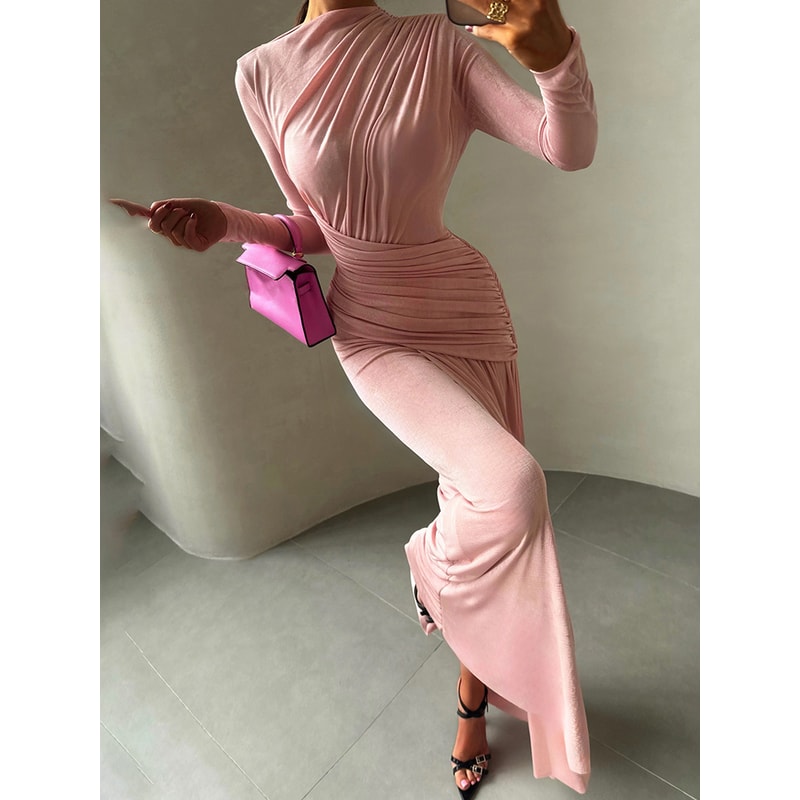 Sisterlinda Folds Maxi Dress For Women O Neck Full Sleeve Solid Banquet Elegant Vacation Autumn Ski 7