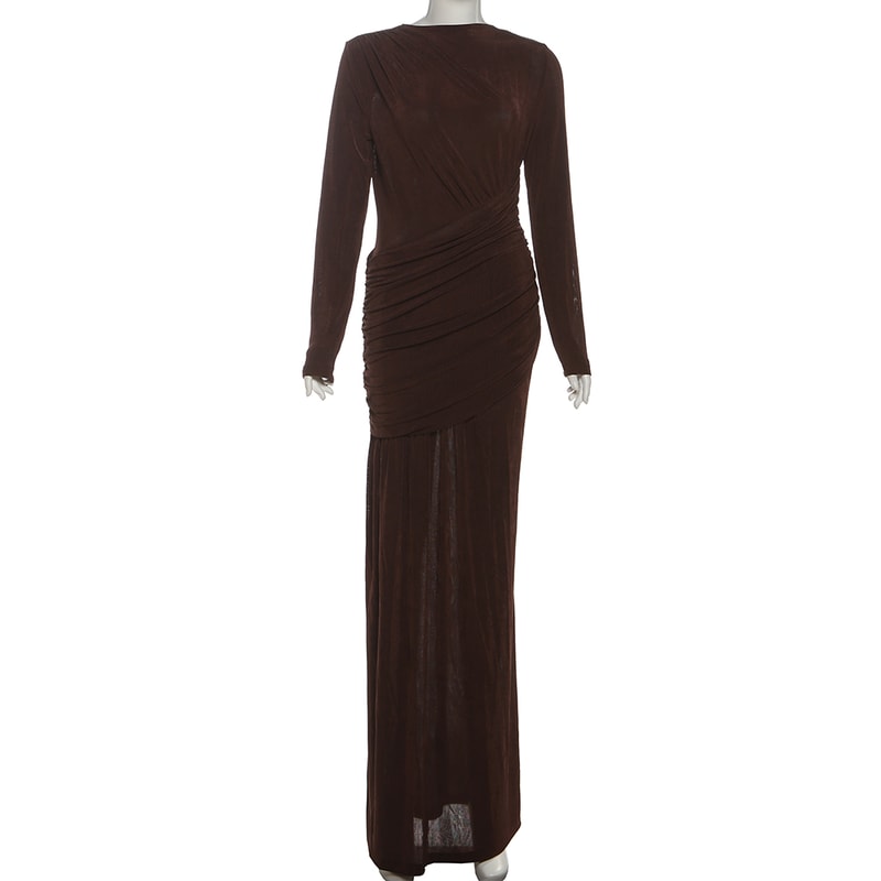 Sisterlinda Folds Maxi Dress For Women O Neck Full Sleeve Solid Banquet Elegant Vacation Autumn Ski 8