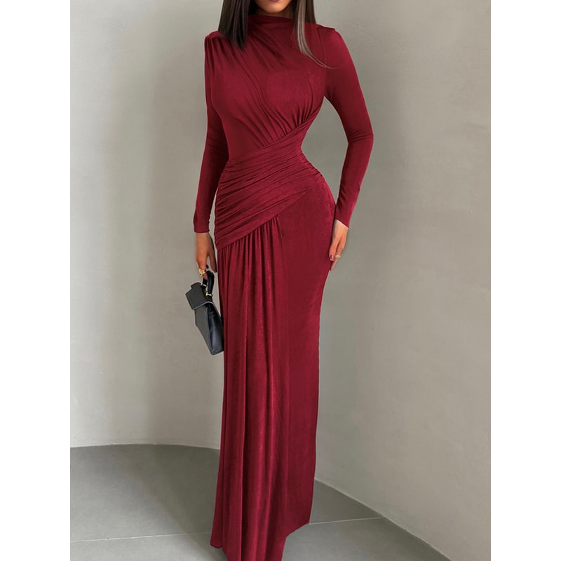 Sisterlinda Folds Maxi Dress For Women O Neck Full Sleeve Solid Banquet Elegant Vacation Autumn Ski 3