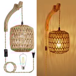 living room woven light bedside lamp, led rattan wall lamp bedroom, e27 retro hemp rope decor fixture