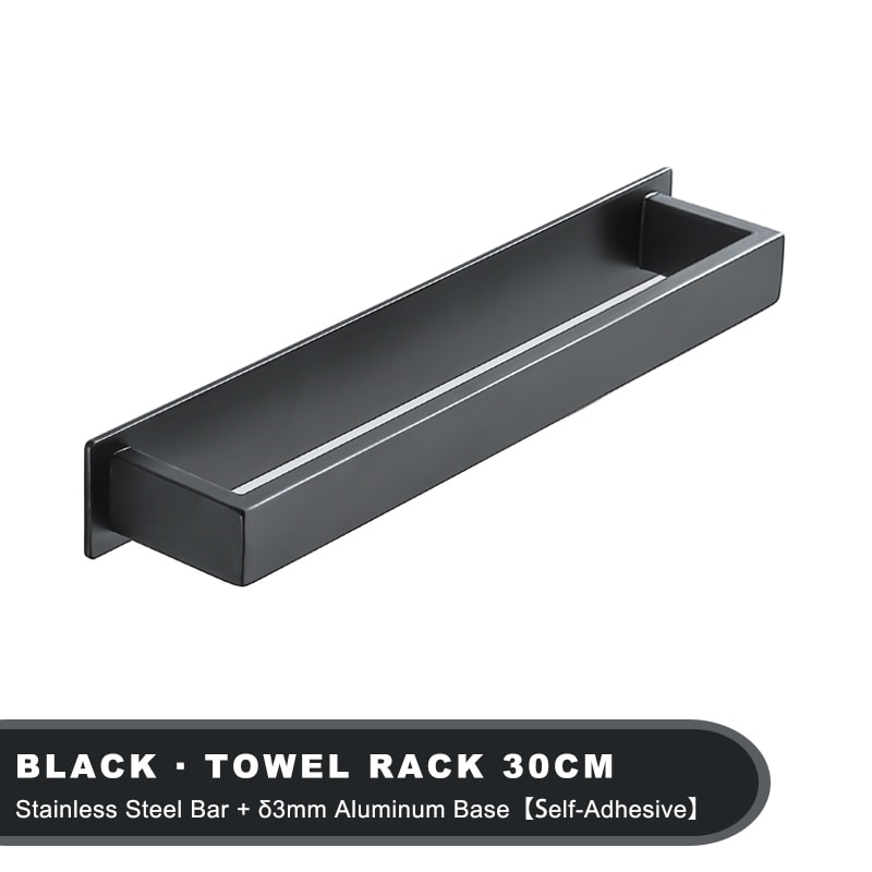 No Drill Black Stainless Steel Towel Holder Self Adhesive Bathroom Towel Rack Wall Shower Shelf 6